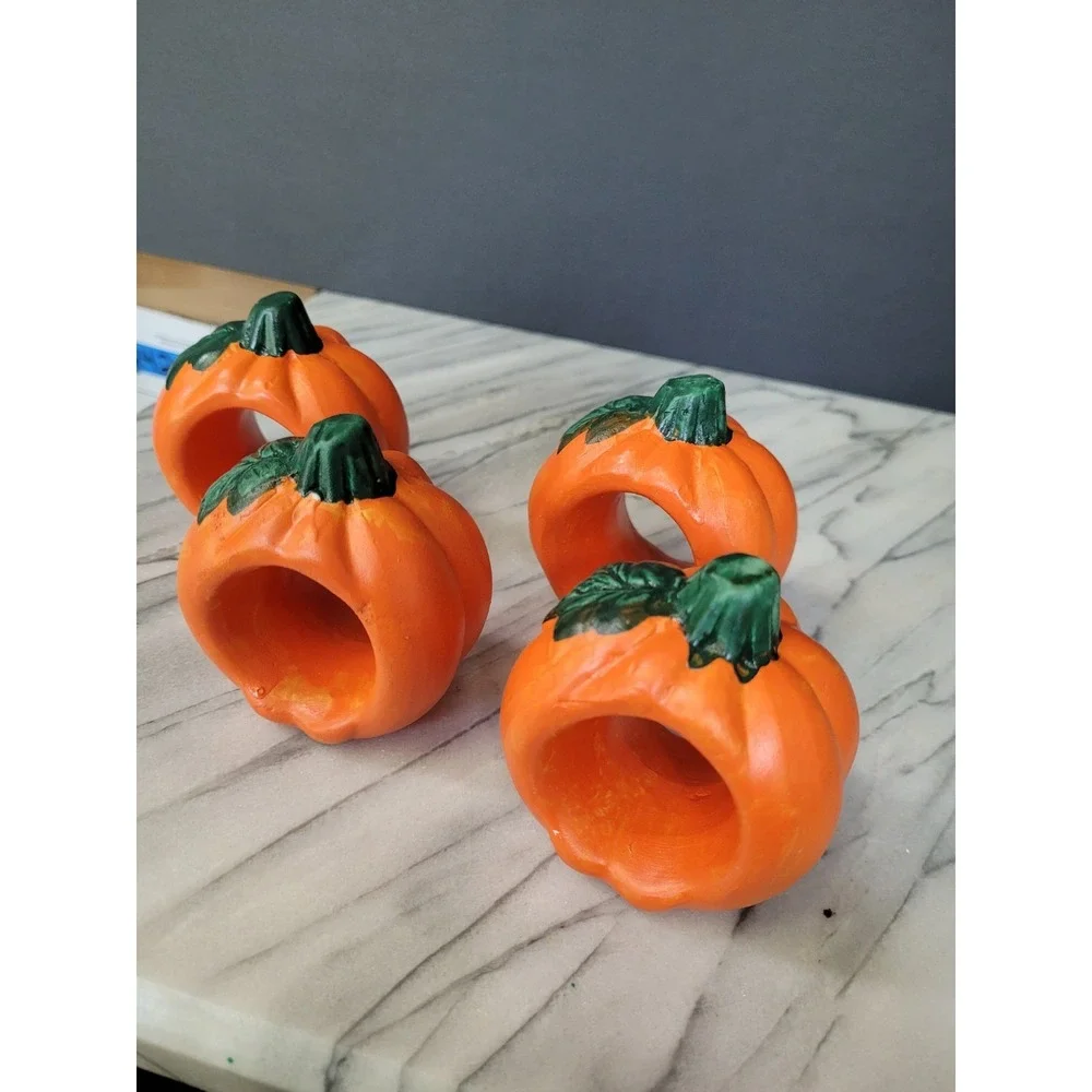 Vintage Ceramic Pumpkin Napkin Rings Set Of 4 Halloween Fall Thanksgiving 3